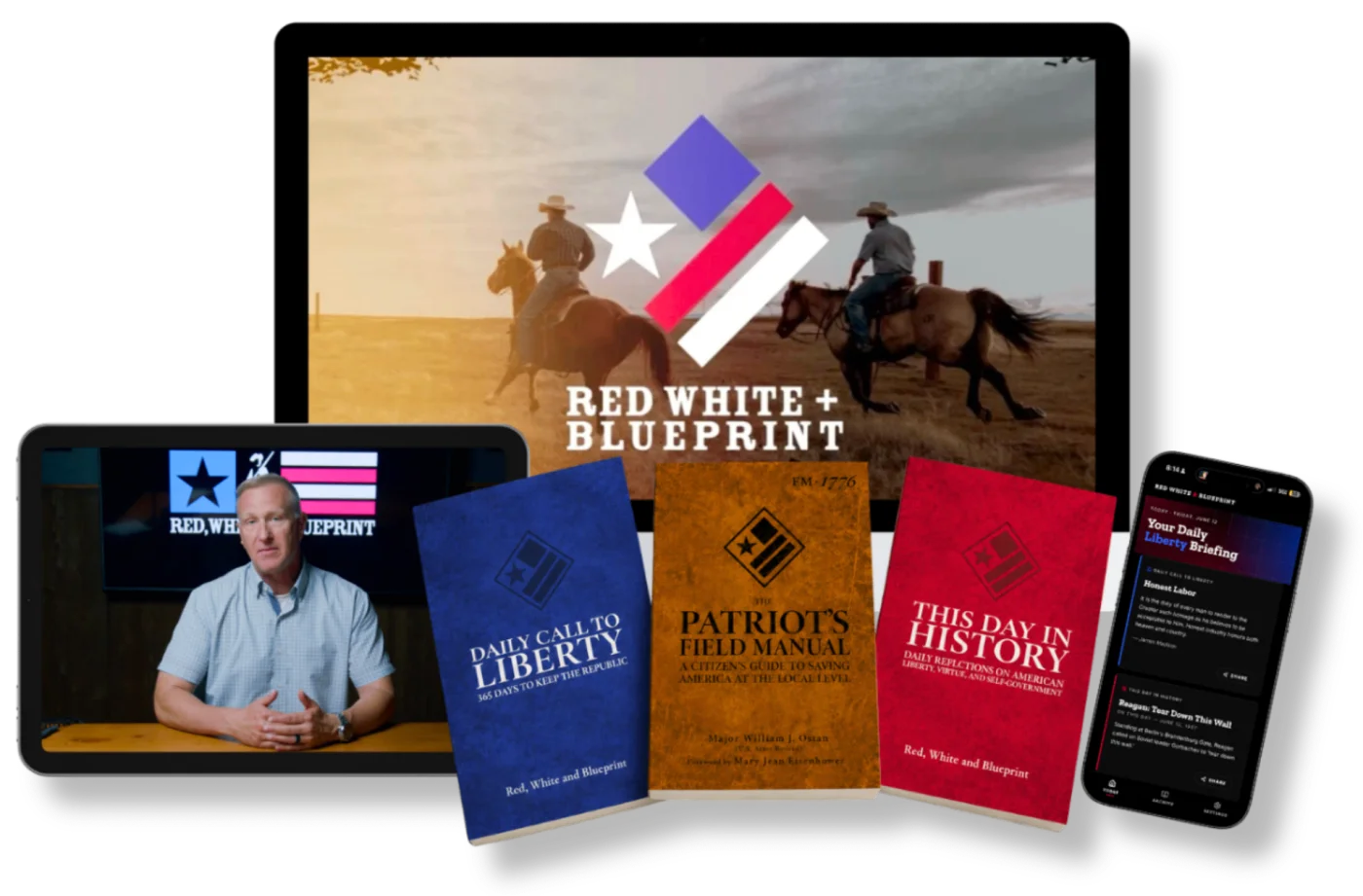 Red White & Blueprint Bundle showing the books, app, and documentary across laptop, tablet, and phone