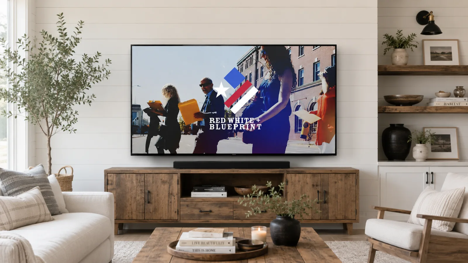 Red White + Blueprint docuseries shown on laptop, tablet and phone