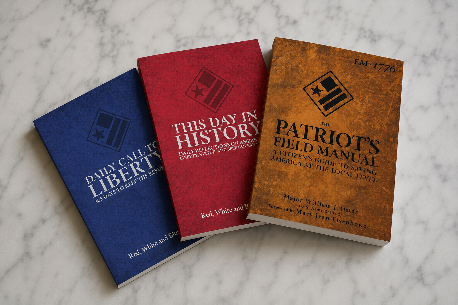 The Patriot's Field Manual, This Day in History, and Daily Call to Liberty books fanned on a wood desk