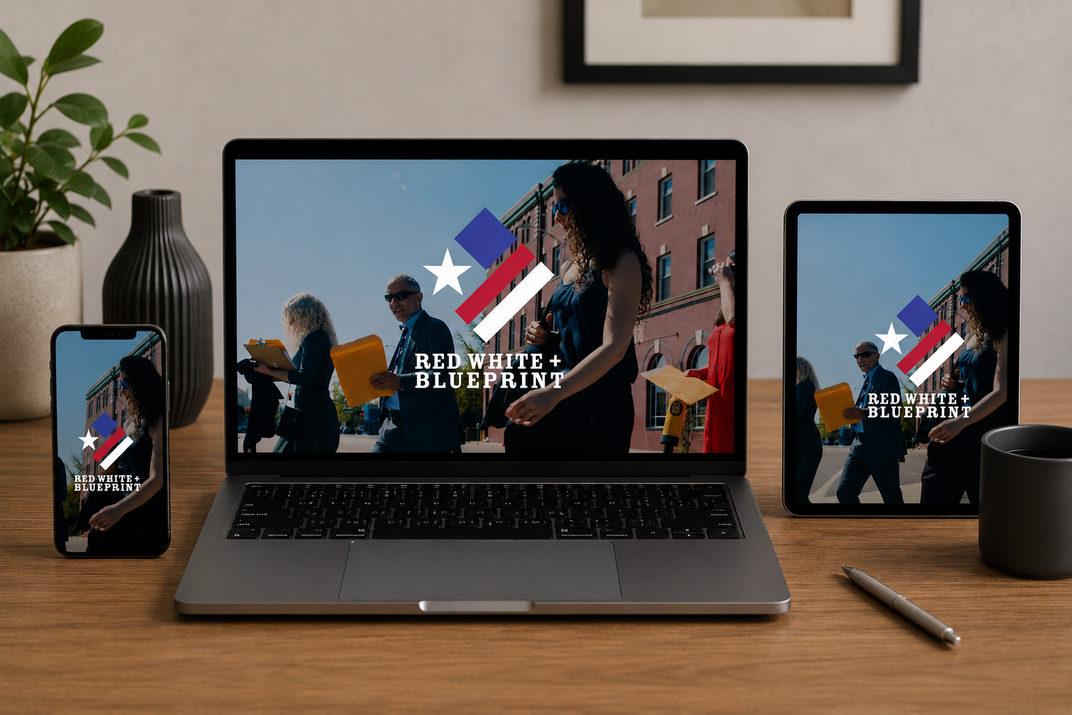 Red White + Blueprint docuseries shown on laptop, tablet and phone